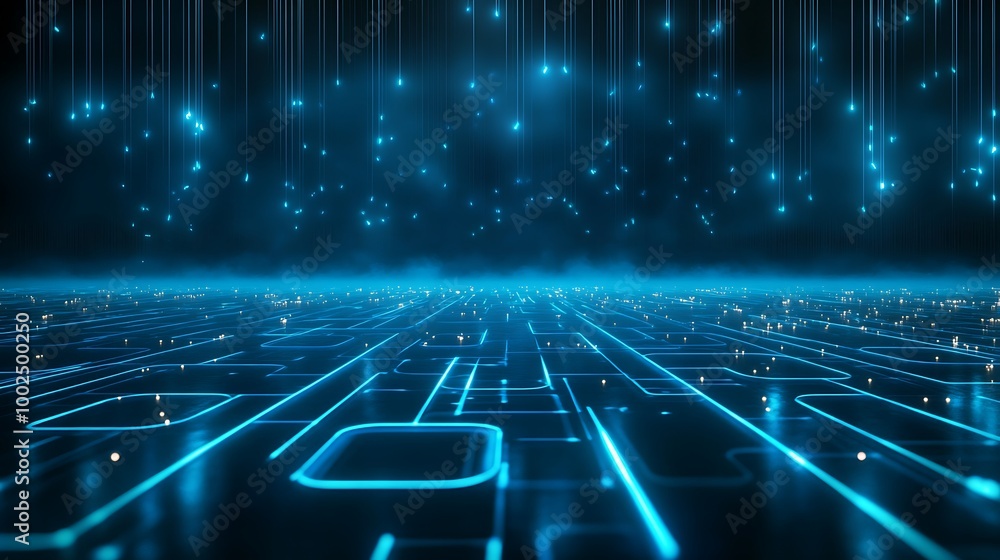 Poster futuristic digital landscape with glowing blue lines and particles, creating a sci-fi atmosphere.