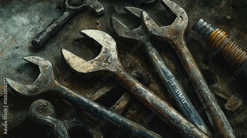 Poster close-up of a group of rusted wrenches on a metal surface