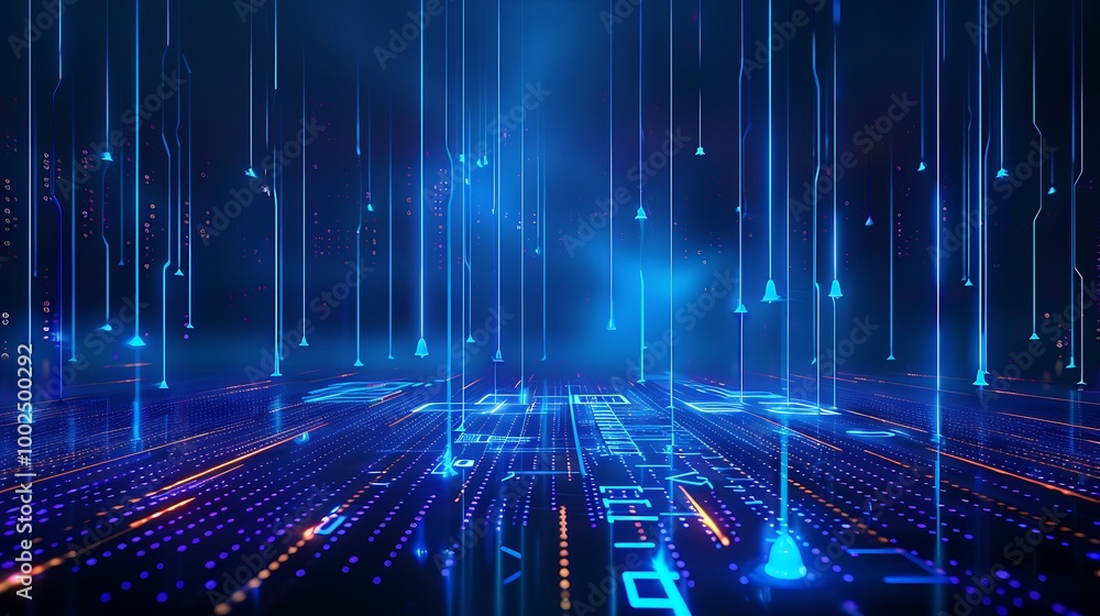 Aufkleber futuristic digital landscape with glowing blue lines and particles, representing advanced technology