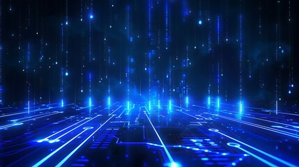 Obraz premium Futuristic digital landscape with glowing blue lines and particles creating a sense of depth and motion.