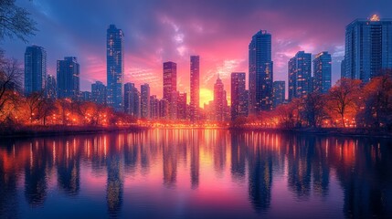 Fototapeta premium City skyline at sunset reflecting vibrant autumn colors over the water