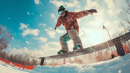 A snowboarder performs a trick on a snowy slope.