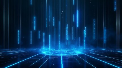 Futuristic digital landscape with glowing blue lines and particles on a dark background.