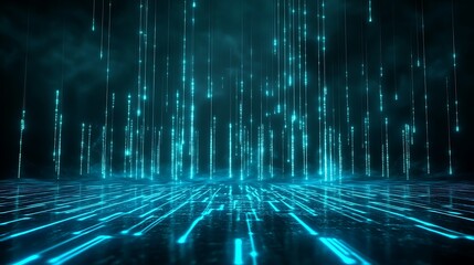 Futuristic digital landscape with glowing blue lines and particles on a dark background, representing advanced technology and innovation.