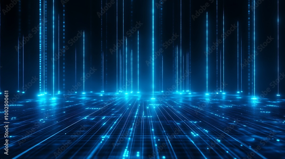 Poster futuristic digital landscape with glowing blue lines and patterns flowing in a dark space.