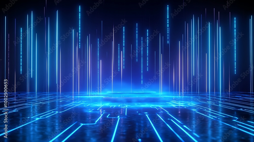 Poster futuristic digital landscape with glowing blue lines and patterns, creating a high-tech ambiance.