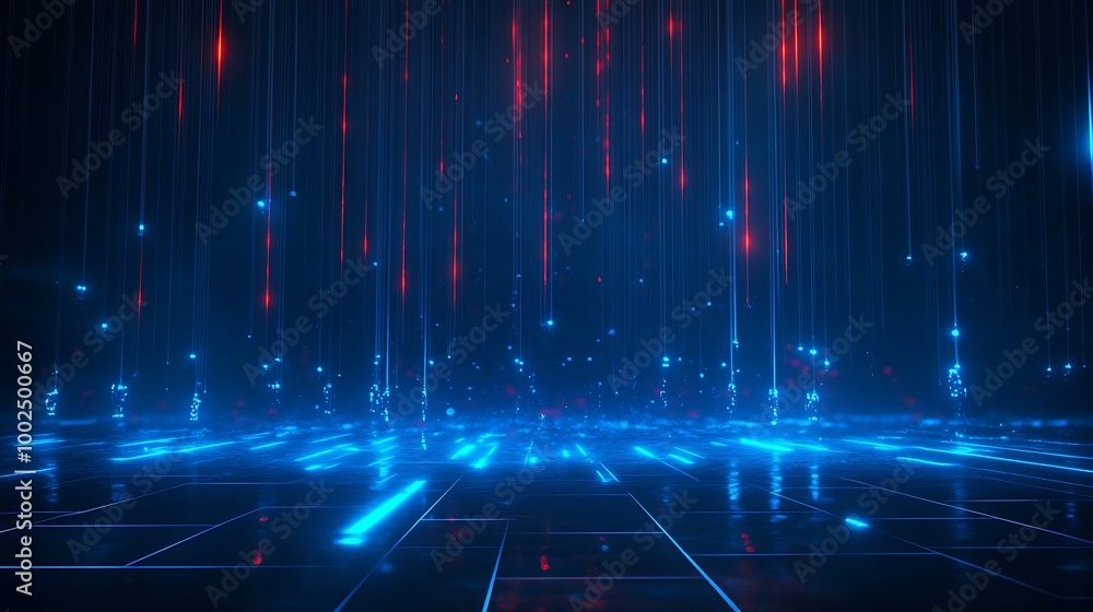 Poster futuristic digital landscape with glowing blue lines and red highlights, creating an abstract virtua