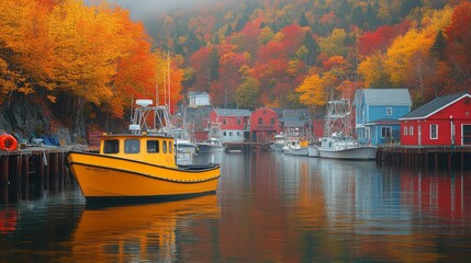 Scenic city harbor adorned with autumn foliage and a yellow fishing boat