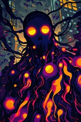 Abstract Glowing Purple and Orange Creature Emerging from Cityscape