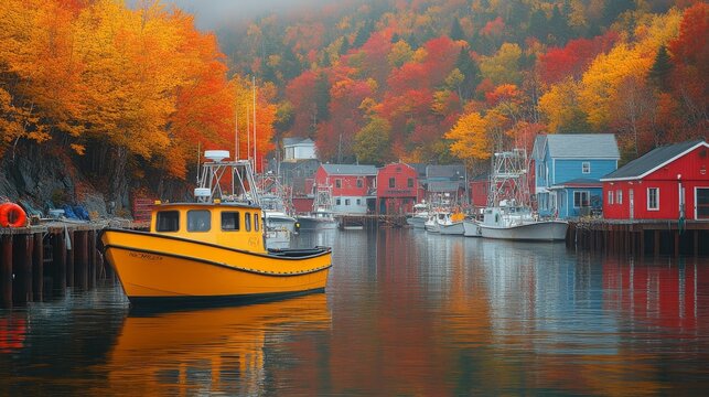 Scenic city harbor adorned with autumn foliage and a yellow fishing boat