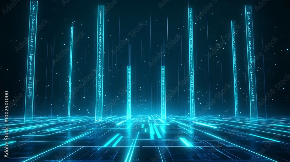 Poster futuristic digital landscape with glowing blue pillars and data streams, creating a high-tech atmosp