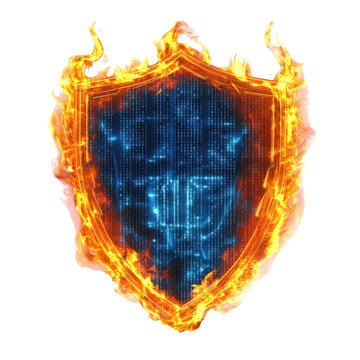 Digital shield surrounded by flames on transparent cutout, PNG file