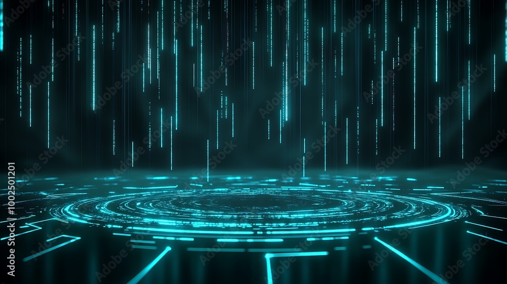 Poster futuristic digital landscape with glowing circuits and data streams, perfect for tech-themed project