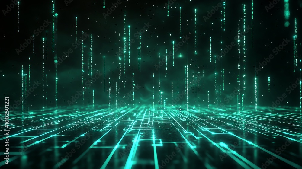 Poster futuristic digital landscape with glowing green binary data cascading in a virtual space.