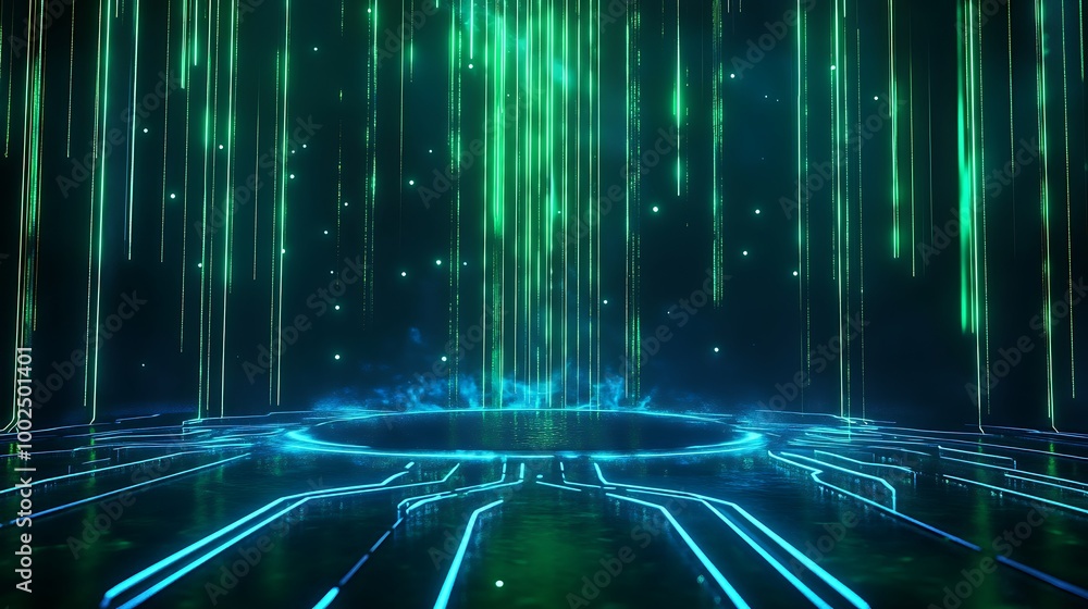 Poster futuristic digital landscape with glowing green lines and a mysterious light source in a dark backgr