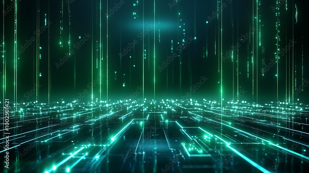Poster futuristic digital landscape with glowing green lines and binary code elements, creating a high-tech
