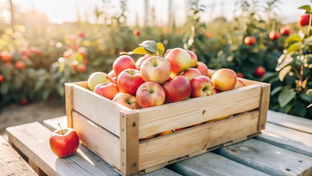 Bountiful harvest of fresh red apples in wooden box for autumn farm table decor