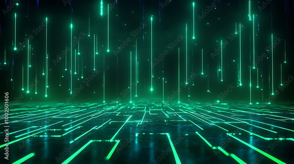 Poster futuristic digital landscape with glowing green lines and dots, creating a dynamic abstract backgrou