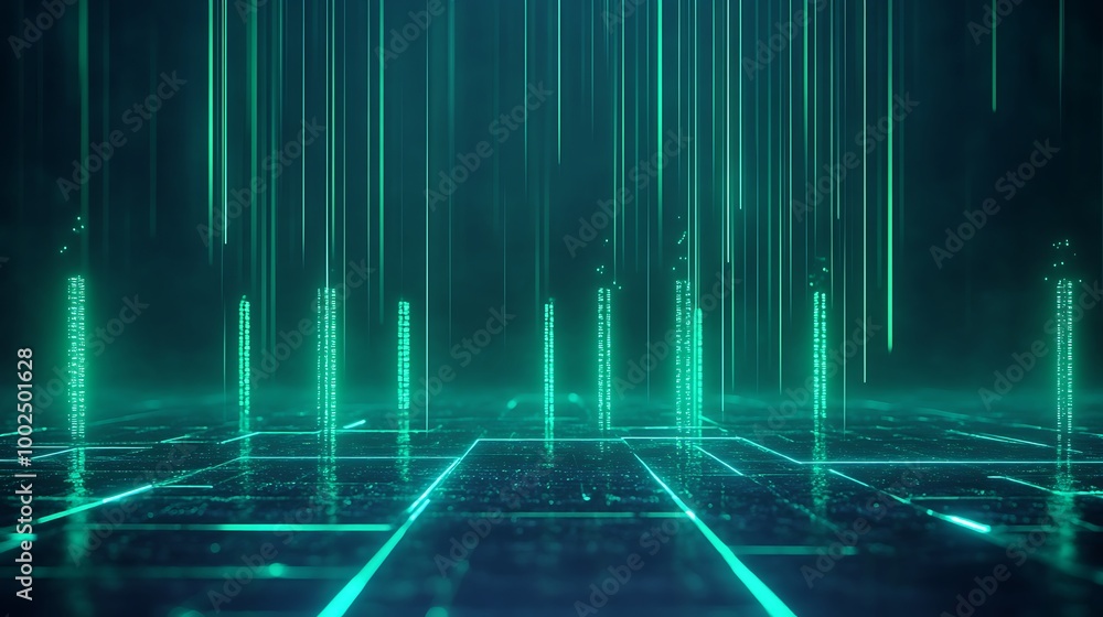 Aufkleber futuristic digital landscape with glowing green lines and grids, representing data flow and modern t