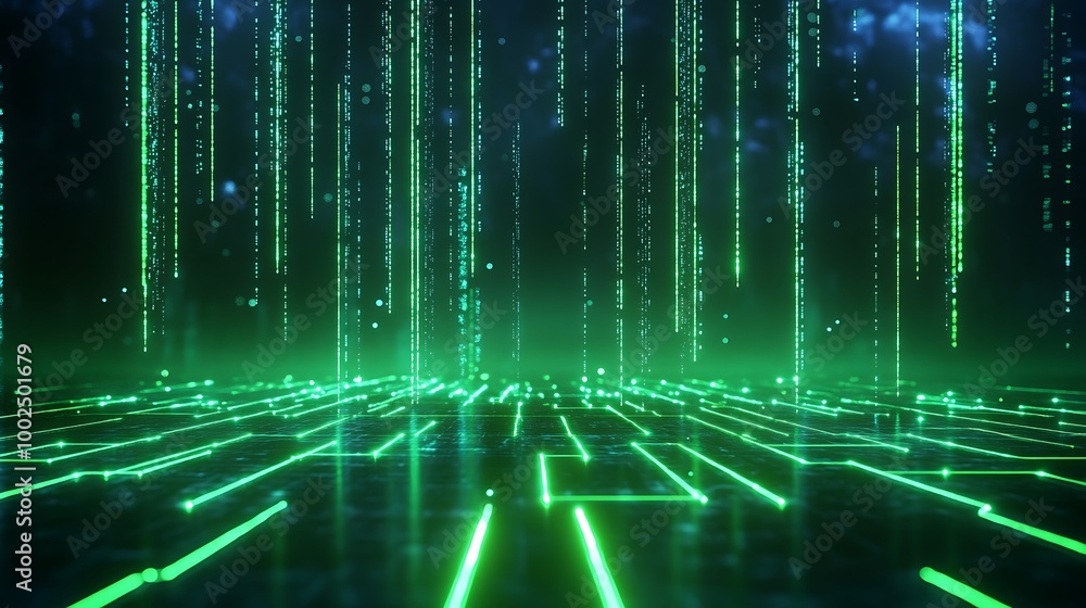 Poster futuristic digital landscape with glowing green lines and matrix-like data streams against a dark ba