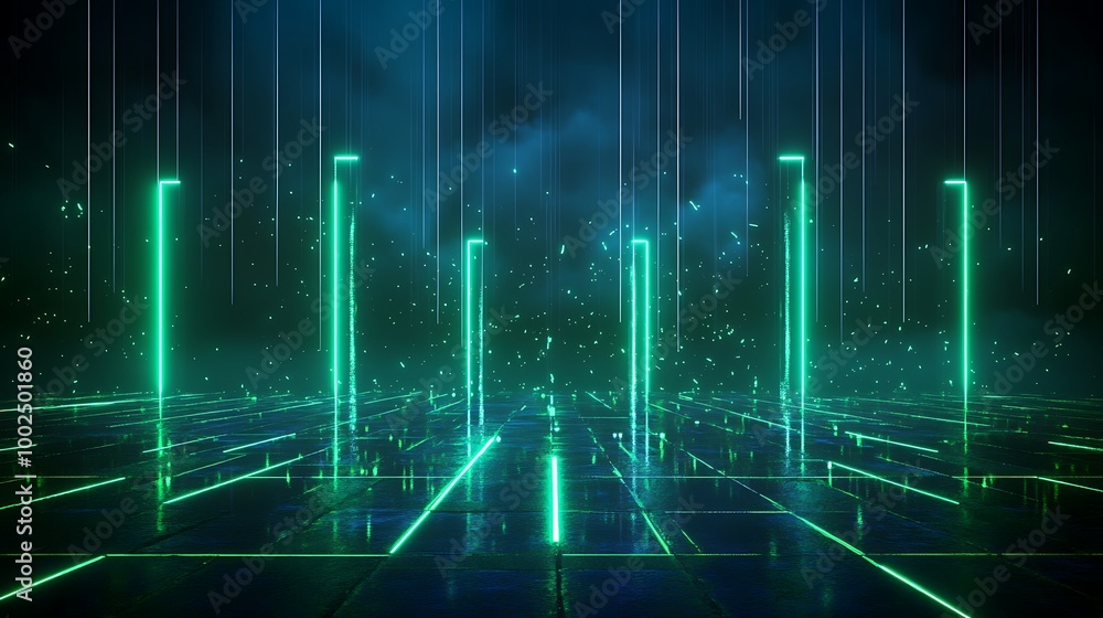 Poster futuristic digital landscape with glowing green lines and particles, creating a vibrant abstract sce