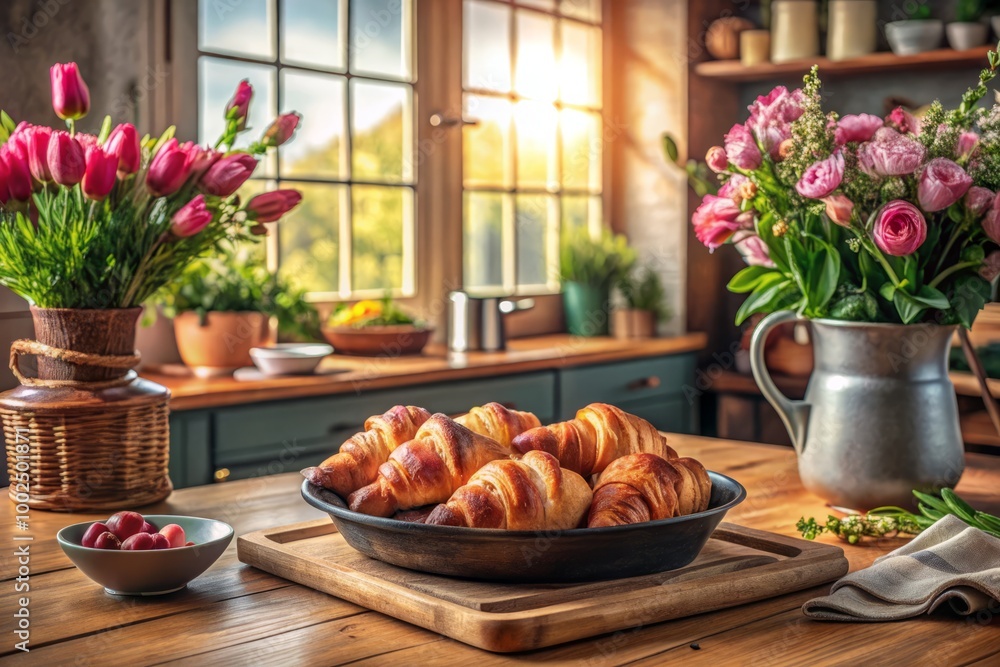 Wall mural freshly baked croissants on wooden table surrounded by beautiful flowers in cozy kitchen setting