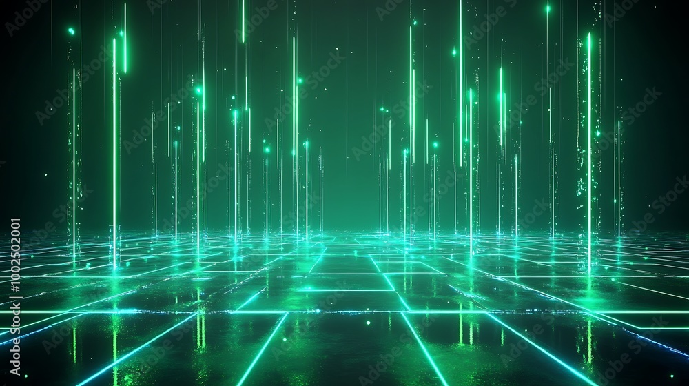 Poster futuristic digital landscape with glowing green lines and patterns on a dark background, ideal for t