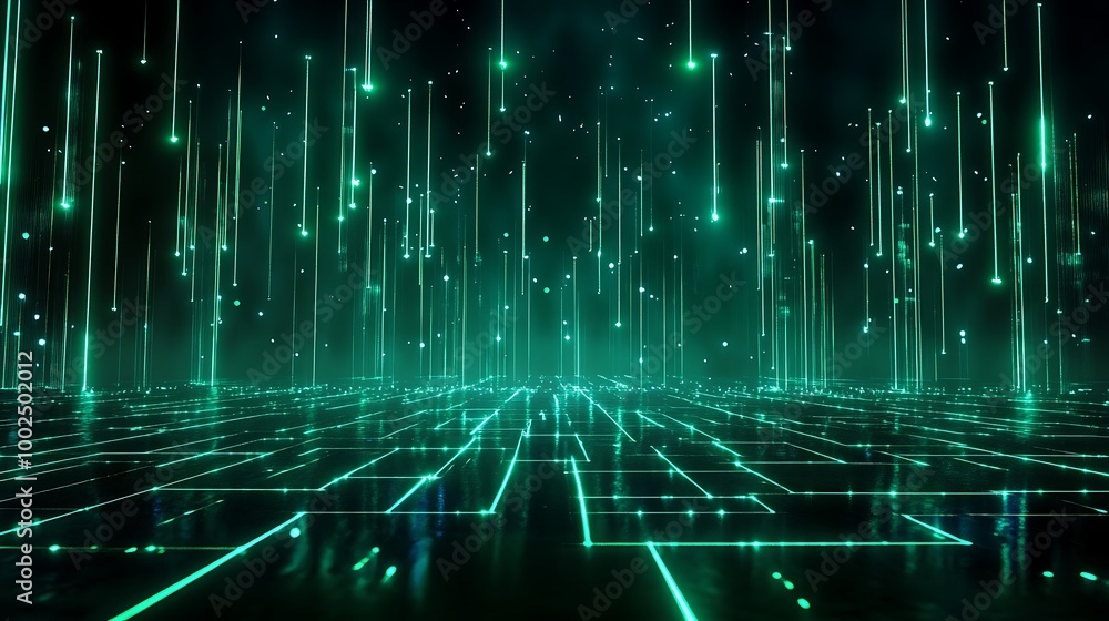 Poster futuristic digital landscape with glowing green lines and particles, representing data flow and tech