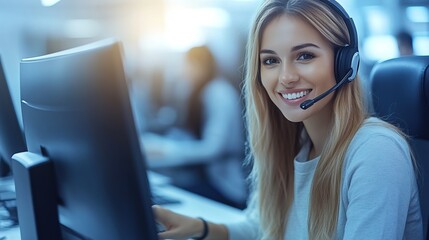 Cheerful call center agent offering support on headset at computer desk.