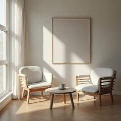 White chair and a white table are in a room with a white wall
