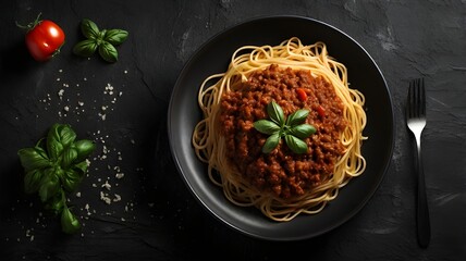 Italian spaghetti bolognese plate seen top down with space for the designer's text on a background of dark black stone texture