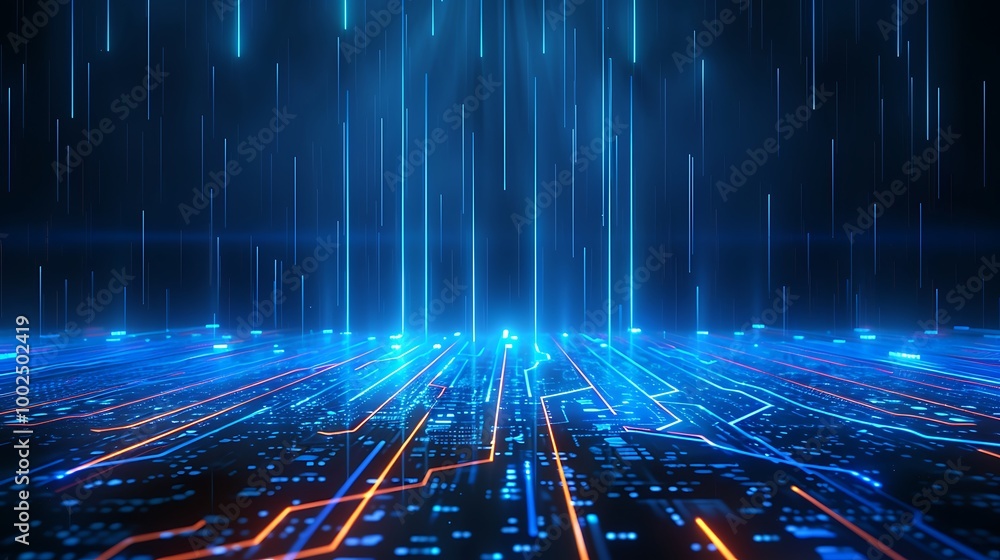Poster futuristic digital landscape with glowing lines and blue lights creating an abstract tech atmosphere