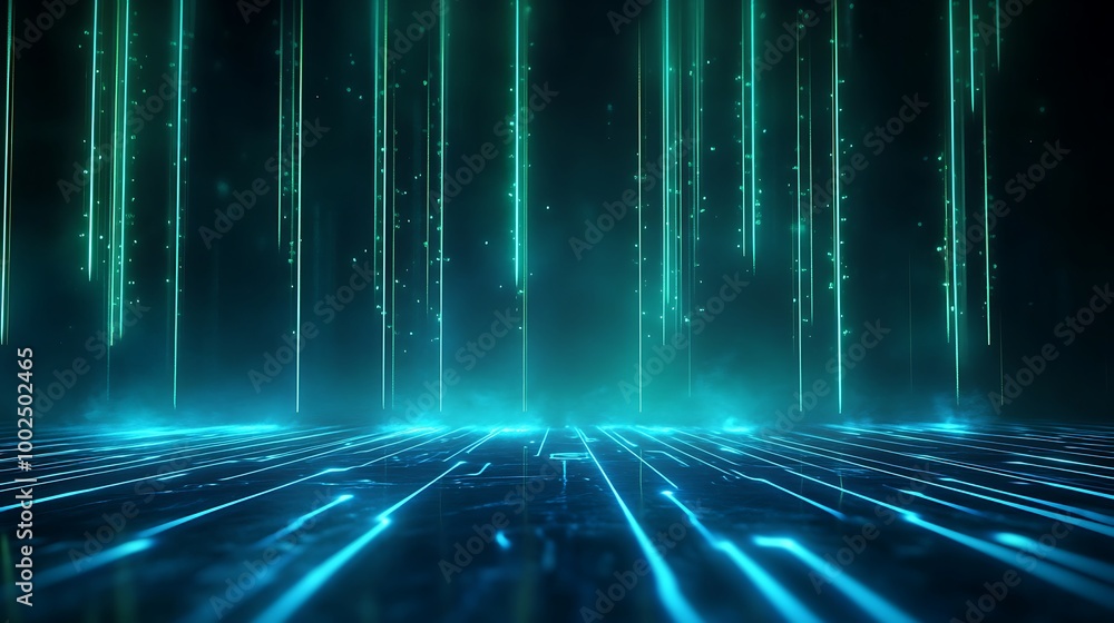 Poster futuristic digital landscape with glowing lines and cascading particles against a dark background.