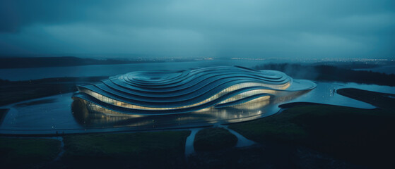 Modern building with interesting architectural curves.