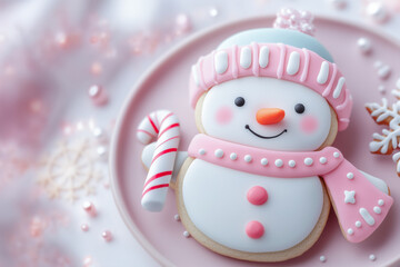 Fototapeta premium Snowman Cookie with Candy Cane and Pastel Colors, Festive Baking