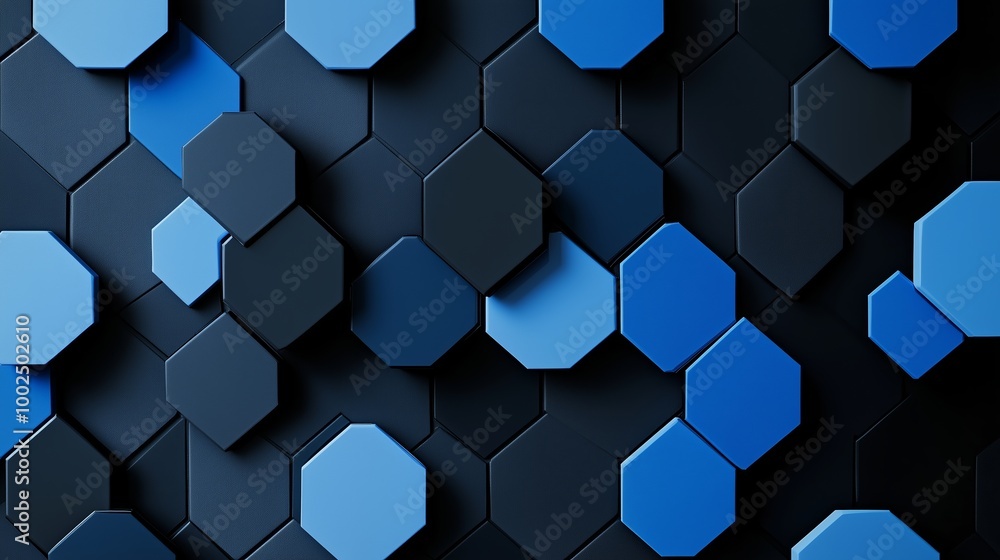 Poster a modern abstract design featuring various blue hexagonal shapes arranged in a creative pattern agai