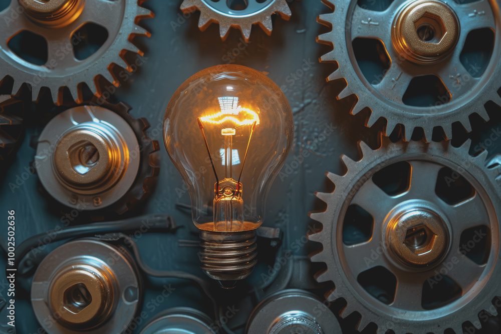 Poster background with light bulb and gear symbolizing innovation. creativity and problem solving.