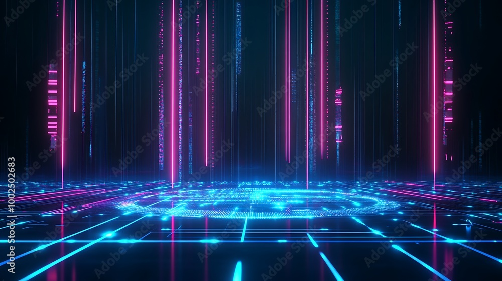 Poster futuristic digital landscape with glowing lines and grids, vibrant colors creating an immersive visu