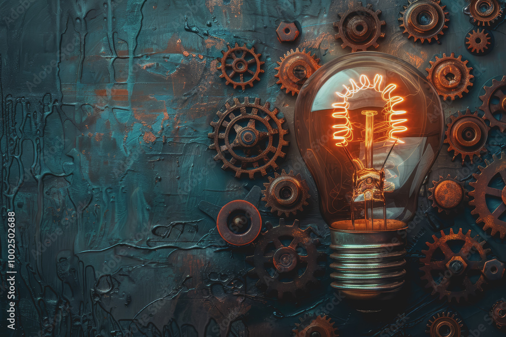 Poster background with light bulb and gear symbolizing innovation. creativity and problem solving.