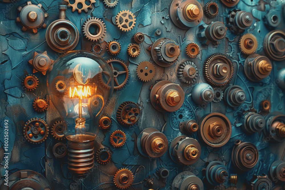 Poster background with light bulb and gear symbolizing innovation. creativity and problem solving.