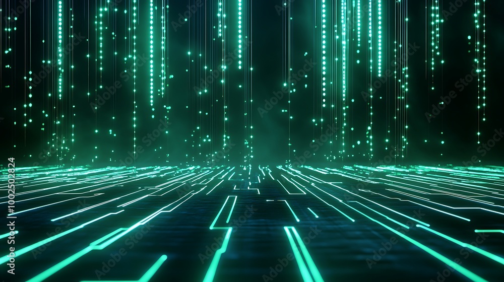 Poster futuristic digital landscape with glowing lines and matrices, creating a sci-fi inspired environment