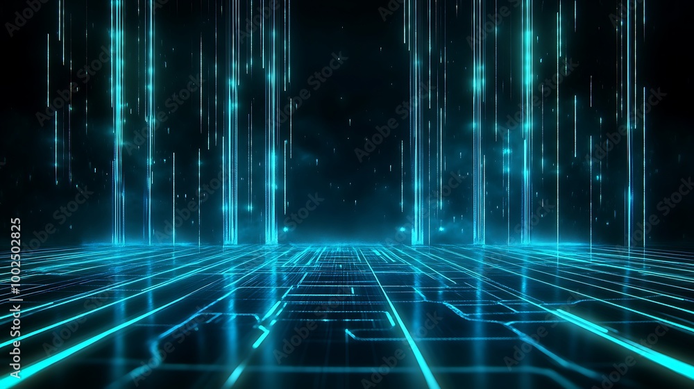 Poster futuristic digital landscape with glowing lines and matrix-like patterns on a dark background.