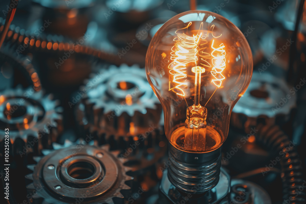 Poster background with light bulb and gear symbolizing innovation. creativity and problem solving.