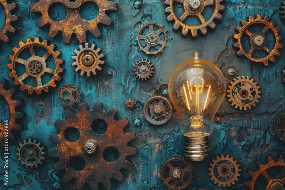 Poster background with light bulb and gear symbolizing innovation. creativity and problem solving.