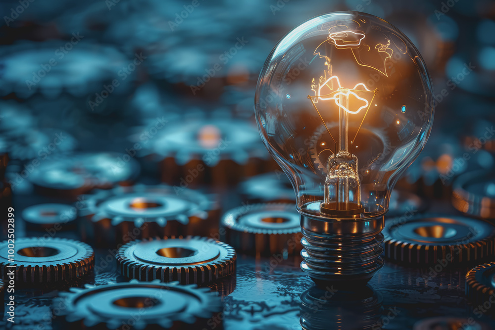 Poster background with light bulb and gear symbolizing innovation. creativity and problem solving.
