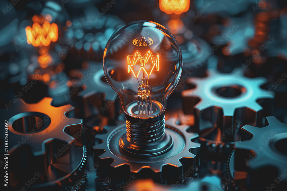 Poster background with light bulb and gear symbolizing innovation. creativity and problem solving.
