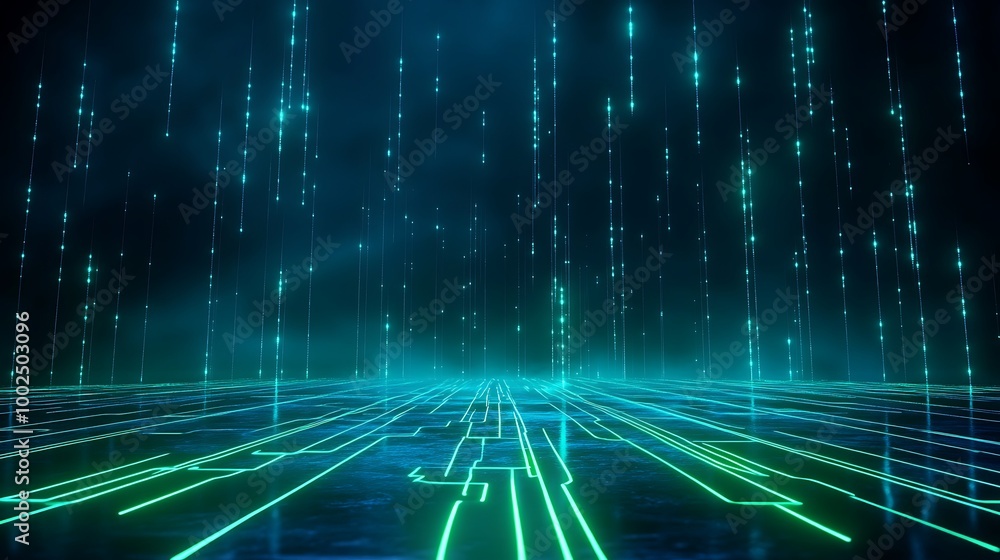 Poster futuristic digital landscape with glowing lines and particle effects, creating a vibrant matrix-styl