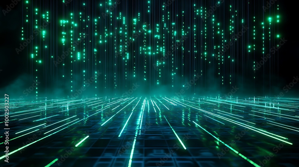 Poster futuristic digital landscape with glowing lines and particles in a matrix style, ideal for sci-fi th