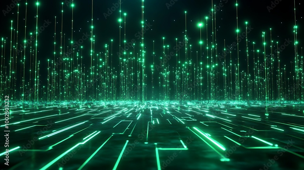 Poster futuristic digital landscape with glowing lines and particles in shades of green, creating a tech-in