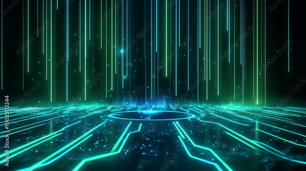 Poster futuristic digital landscape with glowing lines and particles, creating an abstract background.